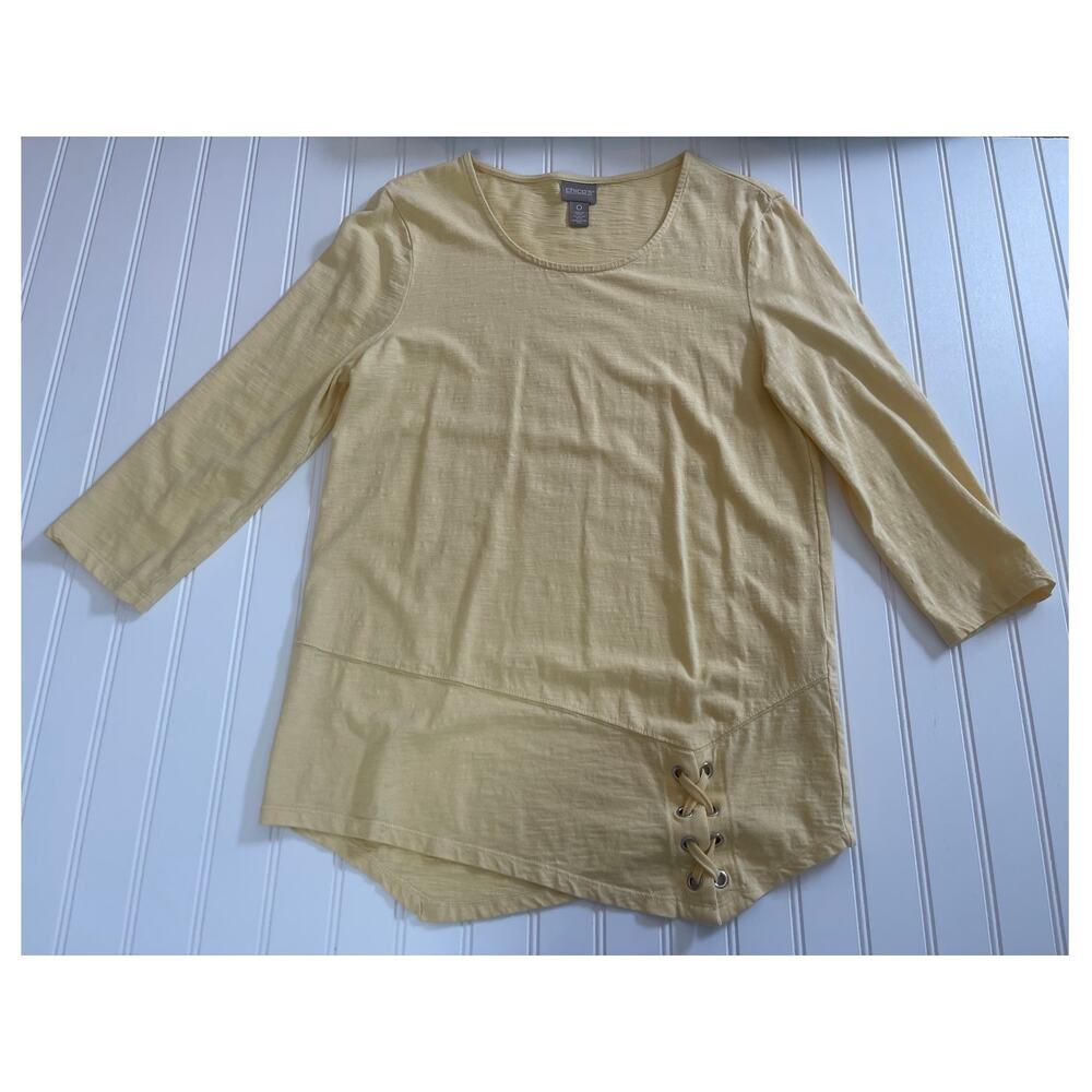 Chico's 3/4 Sleeve Long Yellow T Shirt Top - Size Small‎ Chico's Size 0